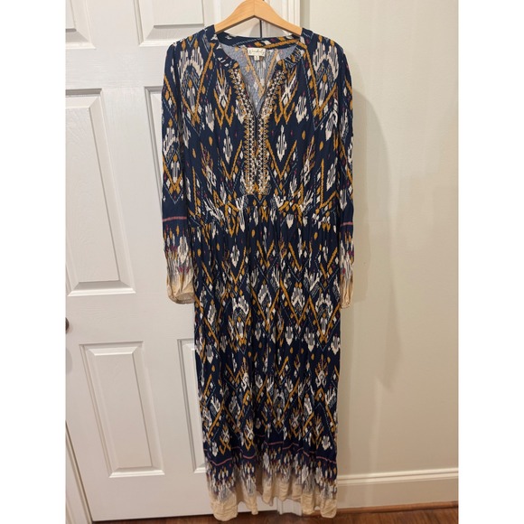 Wonderly Dresses & Skirts - Wonderly Womens XL Navy Blue Ikat Print Embroidered Split Neck Maxi Dress Boho
